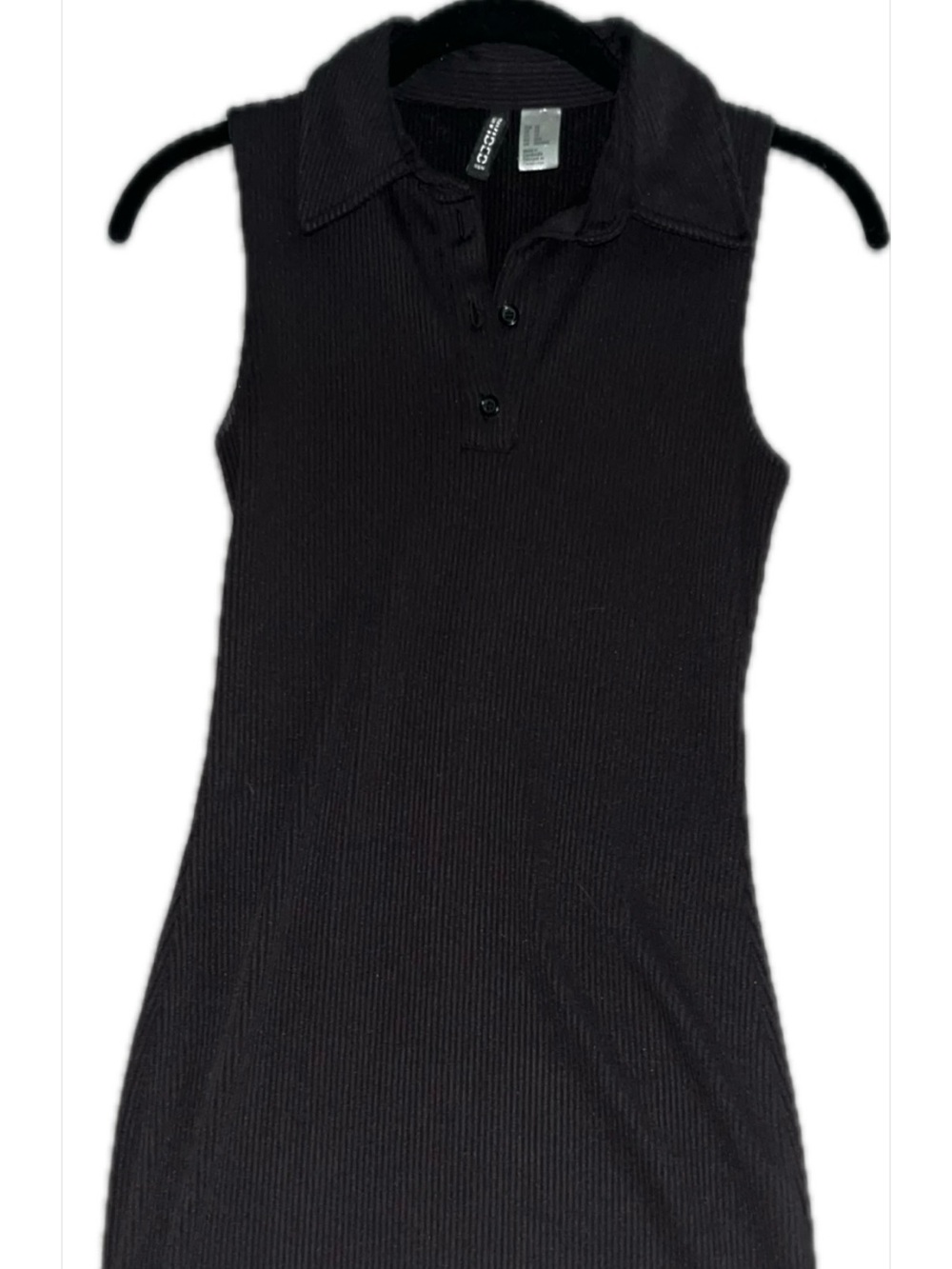 Divided Black Ribbed Sleeveless Polo Tank